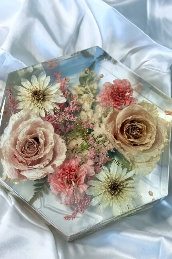 preserved funeral flowers in resin keepsake