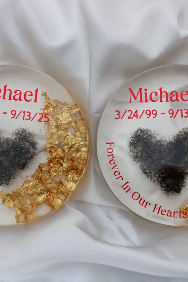 Resin coasters preserving hair as a memorial keepsake.