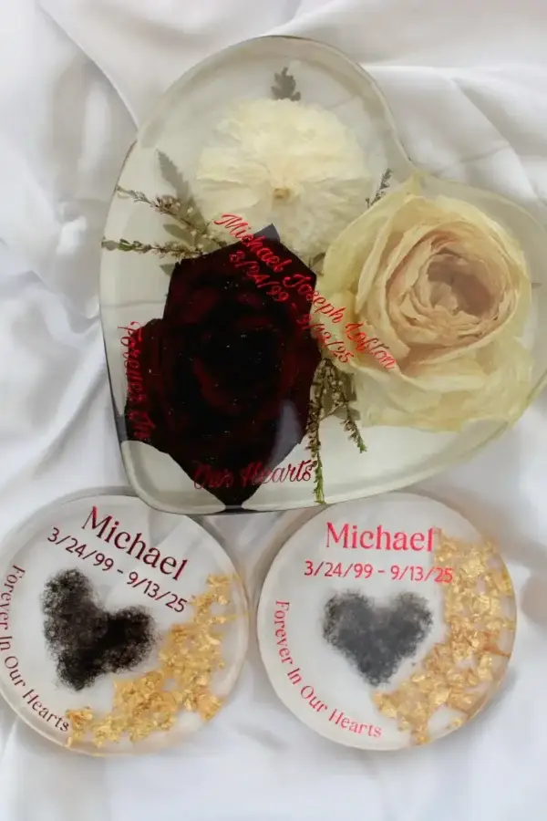 Resin memorial set featuring a heart-shaped preservation piece with two hair keepsake coasters.